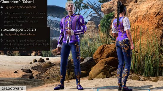 Baldur's Gate 3 Twitch Drops Xbox PS5: Astarion and Shadowheart (facing away) wearing the Twitch Drop clothing set in a beach setting.