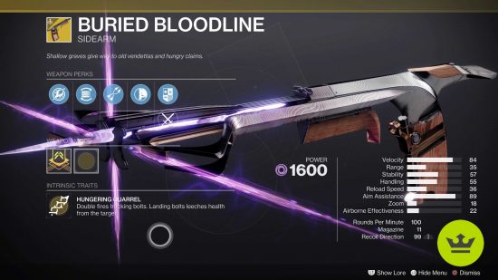 Destiny 2 Buried Bloodline: The new Buried Bloodline Exotic sidearm from the Warlord's Ruin dungeon in the inventory screen.