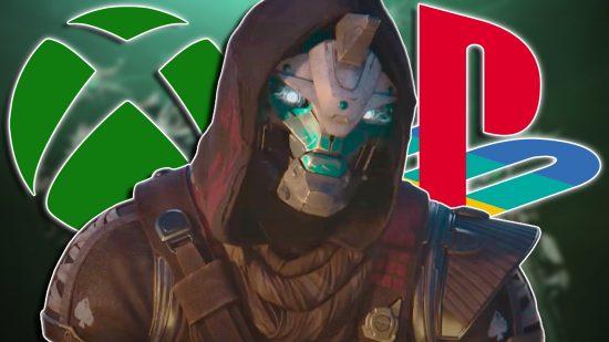 Destiny 2 Legacy Collection free: Cayde-6 looking at the camera, with an Xbox logo in the background on the left, and a PlayStation logo on the right side.