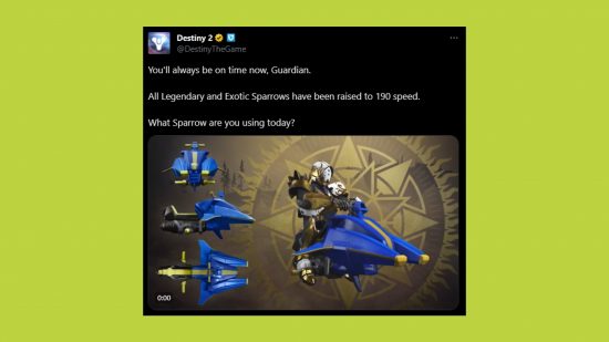 Destiny 2 update Sparrow speed Season 23: an image of the tweet from Bungie