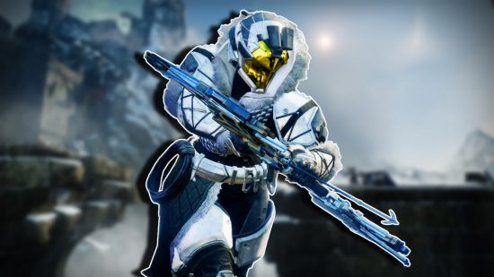 Destiny 2 Warlord's Ruin guide: A Titan wearing the new dungeon armor and holding a bow, set against a blurred background of the castle from the activity.