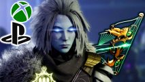 Destiny 2 Wish Keeper: an image of Mara Sov, the new Exotic Bow, and the PS5 and Xbox logo