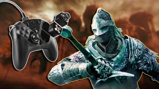 Elden Ring controller DLC Shadow of the Erdtree: A knight wearing heavy armor and grabbing their sword, with an image of a Thrustmaster eSwap controller to the left.