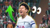 FC 24 TOTW 13: Heung-min Son in a white Spurs kit screams in celebration. A golden glow is around him. A green arrow symbol and the eyes emoji float in the background