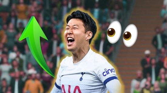 FC 24 TOTW 13: Heung-min Son in a white Spurs kit screams in celebration. A golden glow is around him. A green arrow symbol and the eyes emoji float in the background