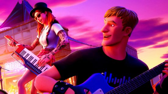 Fortnite LEGO Festival Rocket Racing availability: an image of two Fortnite characters playing music instruments