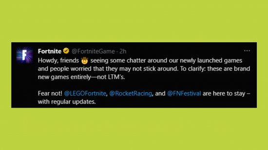 Fortnite LEGO Festival Rocket Racing availability: a tweet showing these modes are here to stay