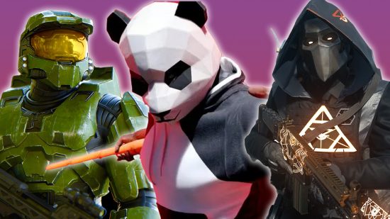 Free Shooting Games: Master Chief, a panda from The Finals, and a Call of Duty Warzone operator.
