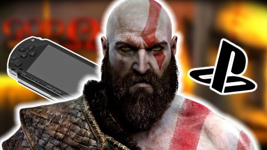 God of War Ragnarok Valhalla Greek Mythology references: an image of Kratos, a PSP, and the PlayStation logo