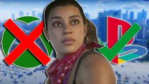 GTA 6 PS5 vs Xbox: Lucia looking to the right, with an Xbox logo covered with a red cross on the left and a PlayStation logo on the right, covered with a green tick.