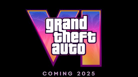 GTA 6 release date: A screenshot from the end of the official GTA 6 reveal trailer showing the game's sunset-colored logo and the text 'Coming 2025'