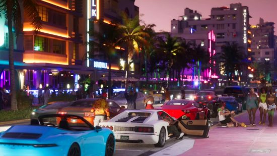 GTA 6 release date: A busy, neon-soaked street with palm trees and colorful supercars 