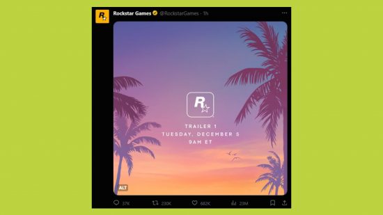 GTA 6 trailer release date: an image of the tweet from Rockstar Games