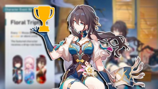 Honkai Star Rail Ruan Mei: The new five-star Ruan Mei sat with her hand up, holding a trophy, set against a blurred background of the HSR 1.6 banners.