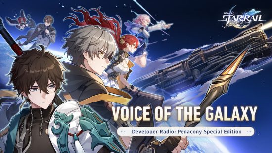 Honkai Star Rail 2.0 update: Several characters looking triumphantly to the right side, with the text 'Voice of the Galaxy' along the bottom.