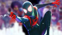 Miles Morales from Spider-Man game in Spider-Verse suit and in front of ATSV key art for the movie
