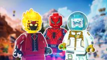 LEGO versions of the Spider-Man Zero, Leviathan, and Inferno skins in front of LEGO Fortnite key art