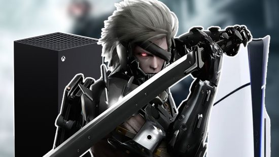 Raiden from Metal Gear Rising holding his sword up in front of an Xbox Series X and a PS5