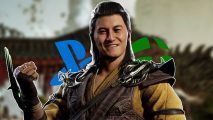 Shang Tsung from Mortal Kombat 1 in front of a stage background and PS5 and Xbox logos