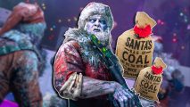 MW3 CODMAS challenges rewards: The Santa Gnaws Operator against a background of the Santa's Slayground event, with two bags of coal to the right of the character.