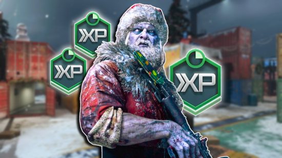 MW3 Double XP CODMAS: A Santa zombie standing looking over their shoulder with a weapon in their hands. There are three Double XP icons around them, one large on the right and two smaller icons to the left.