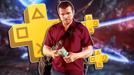 PS Plus Extra Premium games December 2023: Michael from GTA 5 holding money in his hands while looking towards the camera. In the background are three PS Plus icons, one large on the left and two smaller icons to the right of the character.