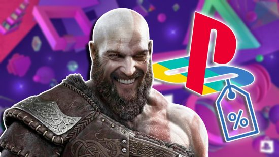 PS5 deals PlayStation Store sale December 2023: Kratos from God of War smiling against a purple PS Store background, with a PlayStation logo and sales tag icon to the right.