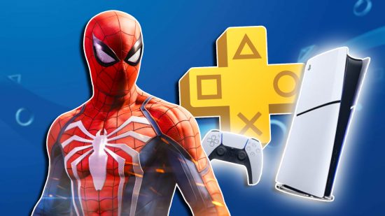 PS5 free console bundle contest: Spider-Man standing at the ready on the left, with a PS5 console, controller, and PS Plus icon on the right side, set on a blurred blue PlayStation background.