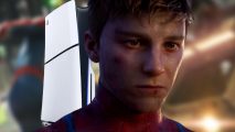 Peter Parker in Spider-Man 2 standing sad in front of a PS5 Slim model