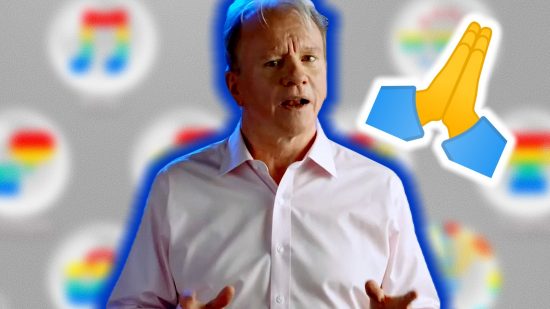 PS5 PS1-themed console Anniversary Edition teaser: an image of Jim Ryan and the folded hands emoji