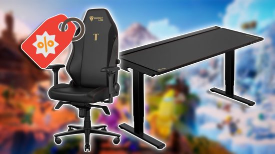 Secretlab Christmas sale 2023: A Secretlab TITAN Evo gaming chair on the left with a discount price tag icon, and a MAGNUS Pro desk on the right, both set against a blurred image of Lego Fortnite.