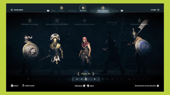 Star Wars Outlaws Assassin's Creed Mercenary System: an image of S1 tier of the Mercenaries menu in Assassin's Creed Odyssey, with Kassandra in the centre