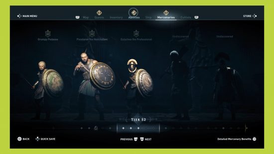 Star Wars Outlaws Assassin's Creed Mercenary System: an image of S1 tier of the Mercenaries menu in Assassin's Creed Odyssey, with random NPCs filling the row