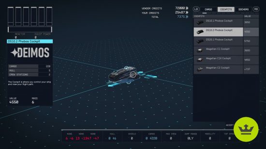 Starfield ship building stats: A ship cockpit placed in the ship building interface.