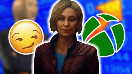 Starfield update fix infinite gun glitch: an image of Sarah Morgan, the Xbox logo, and a smirking emoji