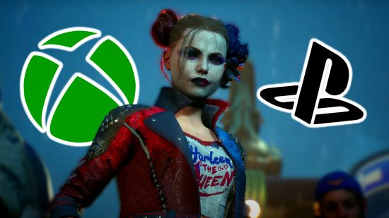 Suicide Squad new Arkham series games PS5 Xbox: an image of Harley Quinn and the two console game logos