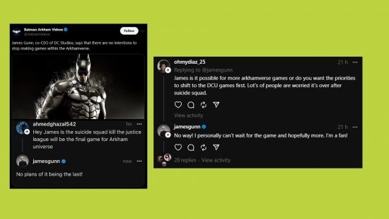 Suicide Squad new Arkham series games PS5 Xbox: an image of posts from DC Comics' James Gunn on the upcoming games