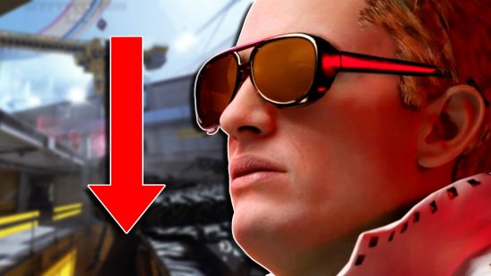 The Finals Heavy best class nerfs: A close-up of a character wearing sunglasses on the right half of the screen, looking to the left which features a red arrow pointing downwards against a blurred background of gameplay.