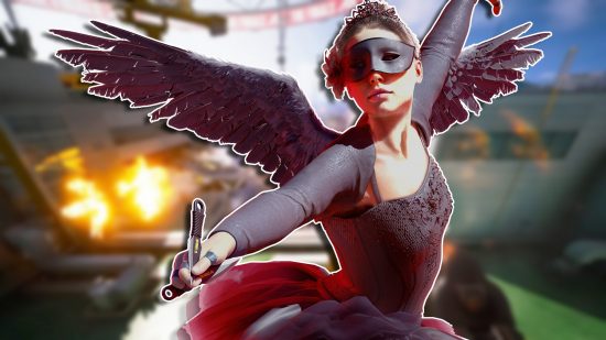 The Finals maps: A feminine character wearing a black swan dress with her arms raised, set against a blurred background of an futuristic city map being destroyed..