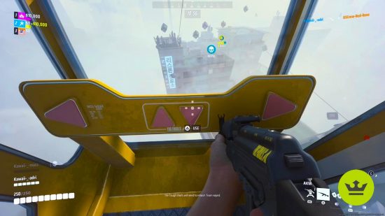 The Finals maps: The player in a crane cockpit interacting with the controls, with a wrecking ball destroying a building through the window.