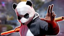 Guy dressed in a panda costume from The Finals in front of a The Finals screenshot