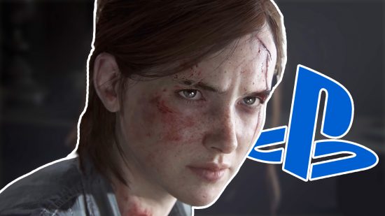 The Last of Us Online axed PS5: Ellie with a banged up face next to the PlayStation logo