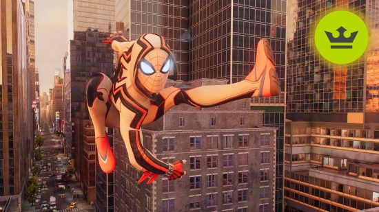 The Loadout Awards 2023: Spider-Man swings past highrise buildings in a white, black, and pink suit