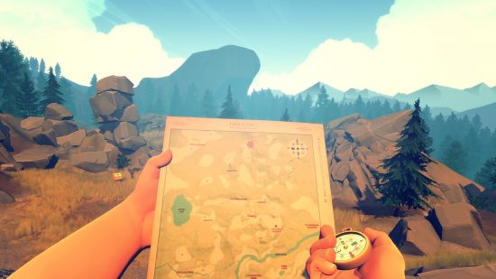 Xbox Game Pass Core games: A person holding a map and compass up in a forested environment in Firewatch.