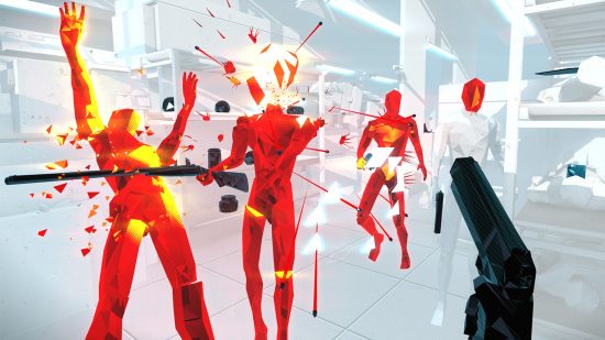 Xbox Game Pass Core games: A first-person perspective of red mannequin-like enemies being hit my bullets with red tracers