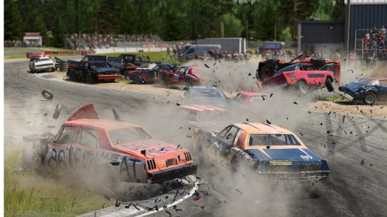 Xbox Game Pass Core games: Several beaten up cars are crashing into each other and flinging debris into the air on a racetrack 