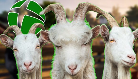 Three goats from Goat Simulator 3's key art in front of a screenshot of the game and the Xbox Game Pass logo