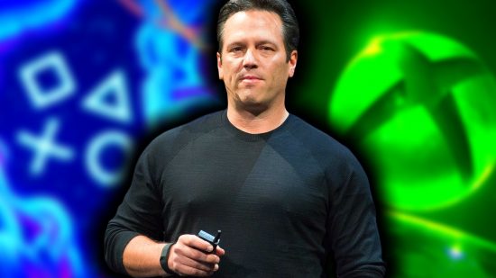 Xbox Game Pass on PS5 Phil Spencer interview: an image of Phil Spencer with Xbox and PlayStation logos in the background