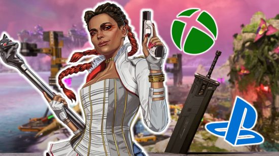 Apex Legends FF7 event: Loba from Apex Legends holding a pistol in one hand and a staff with a wolf's head on the end in the other. Next to her is a black sword buried into the ground, and Xbox and PlayStation logos float next to her