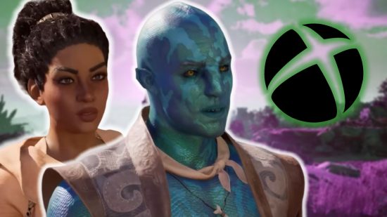 Avowed companions: A blue-skinned man in a sleevelss jacket and neck tie, and a woman in a sand-colored shawl, with a black and green xbox logo floating next to them